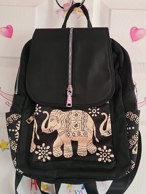 Yuesite Black Backpack with Gold Elephant Print